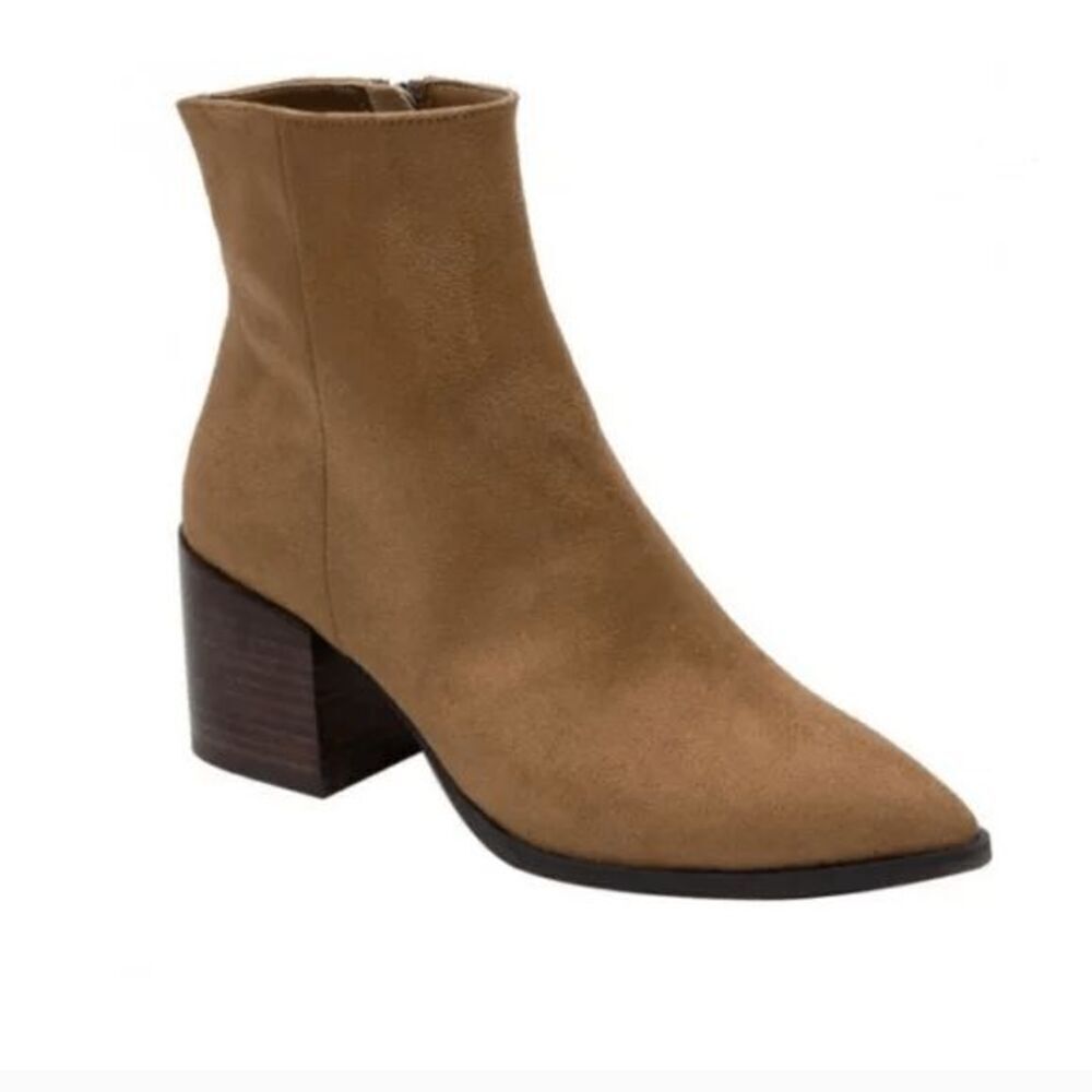 Linea Paolo Women's Sadie Suede Pointed Block Heeled Booties Tan Size 12m